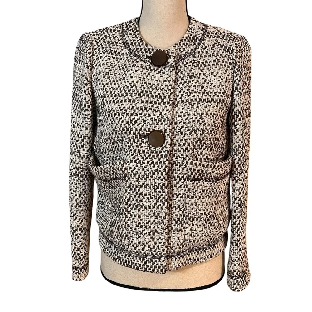 Lafayette 148 New York Elegant Brown and White Tweed Jacket Sz-S